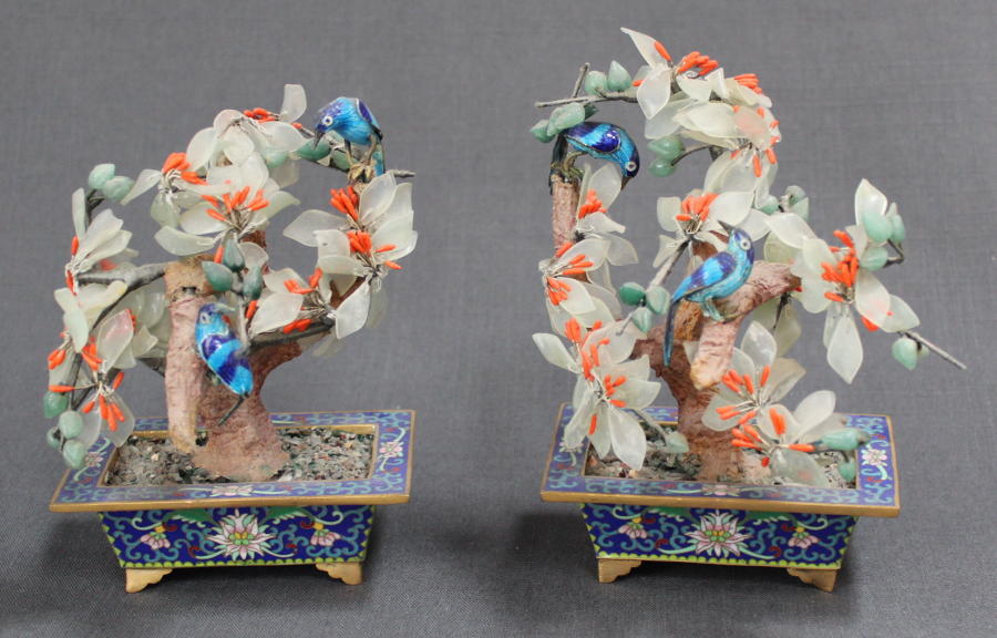 A pair of cloisonné and hard stone plants