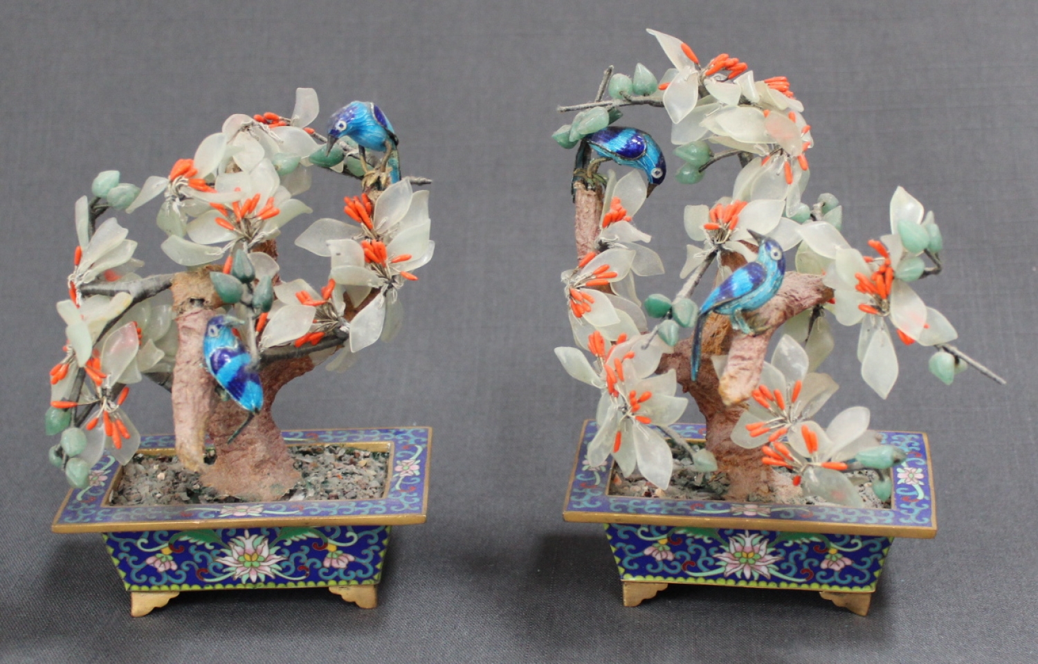 A pair of cloisonné and hard stone plants